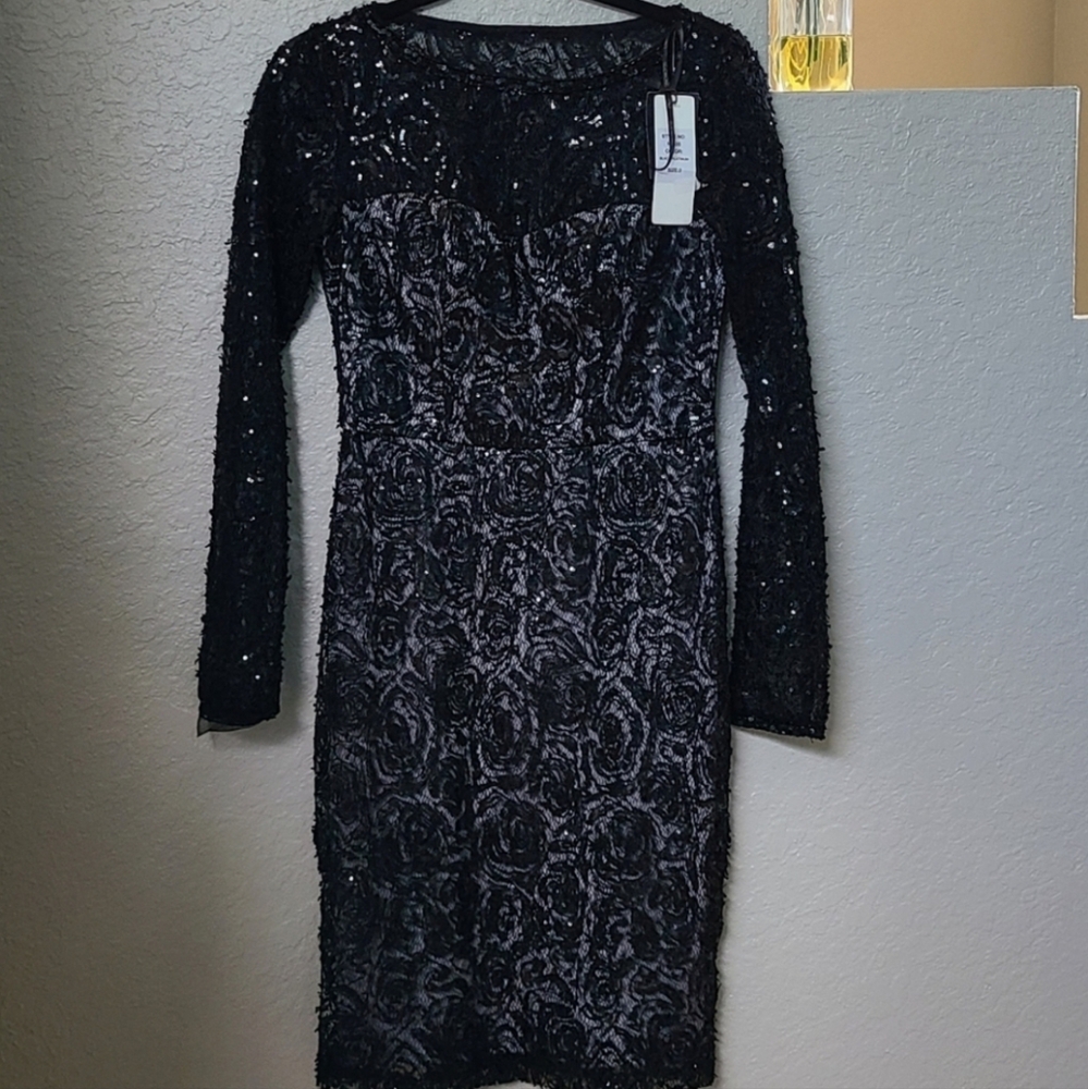 Sue Wong Nocturne Sequined Sheer Long Sleeve Knee Length Cocktail Dress Sz 2